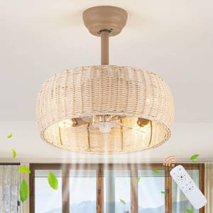 Rattan Ceiling Fan Lighting with Remote Control, Boho Caged Ceiling Fan Light Fixture with Reversible Motor Suitable for Restaurant Living Room Bedroom Dining Room Kitchen Island 17.3