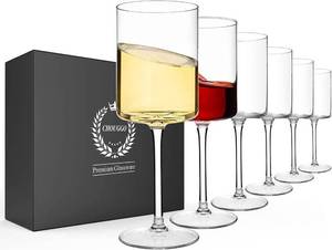 Chouggo Square Wine Glasses Set of 6, Hand Blown Crystal Red Wine or White Wine Glass 11.4Oz - Hand Crafted by Artisans