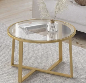 Round Glass Coffee Table, 27.6 Gold Coffee Table with Tempered Clea