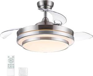 Retractable Ceiling Fan with Lights Remote Control, Dimmable 42 Inch Modern Fandelier Ceiling Fan for Bedroom Living Room Dinning Room, 3 Color, 6 Speed, Brushed Nickel