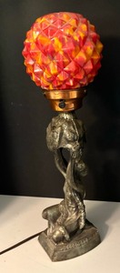 lot 1 image: Vintage American Art Deco Bronzed Metal Kneeling Girl Table Lamp & Orange Czechoslovakian Glass Ball Shade