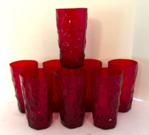 lot 96 image: 8 Vintage Morgantown Ruby Red Seneca Driftwood Crinkle Tumblers
