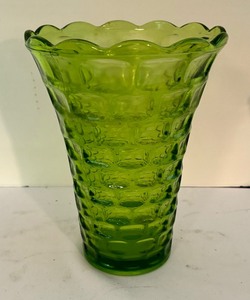 lot 163 image: Federal Glass Company Yorktown Flared Green Glass Vase & Vintage Anchor Hocking Green Optic Swirl Ball Base