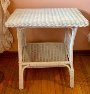 lot 134 image: Vintage White Wicker Side Table with Media  Storage