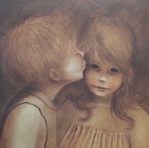 lot 65 image: The Little Kiss Boy Kisses Girl Vintage Print by Margaret Cane