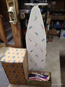 lot 264 image: Ironing Board, Cardboard Drawers, Vintage Hangers