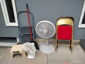lot 675 image: Misc. Lot - Chairs, Step Stool & Fans