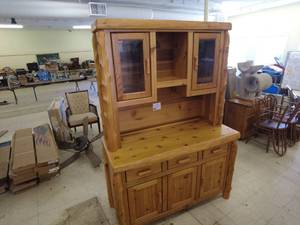 lot 3 image: Rustic Pine Wood Hutch with Glass Cabinet Doors Lonesome Cottage