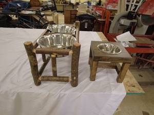lot 180 image: Rustic Wooden Elevated Dog Bowl Stands with Stainless Steel Bowls