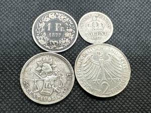 Four Foreign Coins Silver 1866 French 50 Centimes, Silver 1877 Swiss 1 Franc, Silver 1885 Mexico 25 Centavos, and 1965 German 2 Marks (Non-silver)