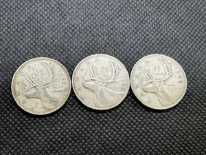Three Canadian Silver Quarters 1949, 1950, 1952 - 0.15 Oz. Silver per coin
