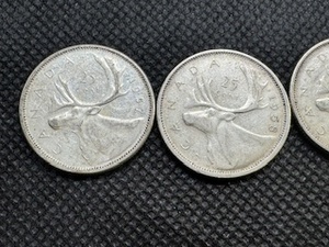 Four Canadian Silver Quarters 1957, 1958, 1960, 1961 - 0.15 Oz. Silver per coin