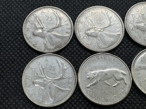 Six Canadian Silver Quarters 1962, 1963, 1964, 1965, 1966, 1967 - 0.15 Oz. Silver per coin