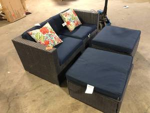 PHI VILLA Dark Brown Rattan Wicker 4 Seat Outdoor Patio Sectional Set with Blue Cushions  Customer Returns See Pictures