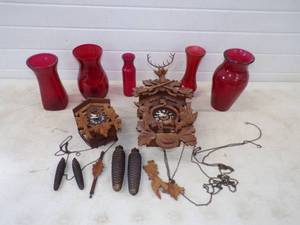 lot 76 image: 2 Cuckoo Clocks with Red Vases