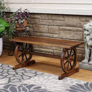 lot 43 image: Sunnydaze Rustic Wood Outdoor Bench with Wagon Wheel Base