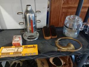 lot 862 image: Vintage Glass Coffee Pot, Brushes, Brass Horn and More.