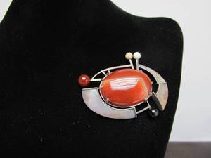 lot 2 image: Large Modernist Sterling Silver Brooch wAgate & Other Polished Stones - Signed RM