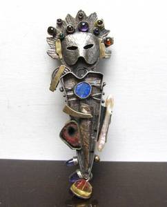 lot 4 image: LARGE & Incredible Sterling Silver Modernist Figural Brooch wGold & Many Gemstones