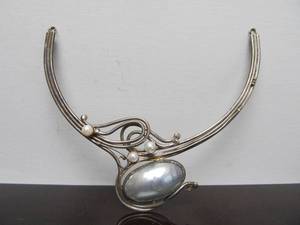 lot 14 image: LARGE Sculptural Modernist Necklace Pendant wPearl by Arik Idan
