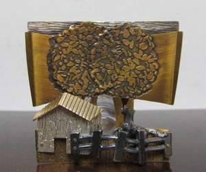 lot 15 image: Excellent Signed Scenic Farmhouse Brooch wSterling Silver & Copper by Kathleen Doyle