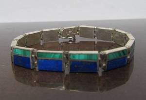 lot 16 image: Vintage Chilean Sterling 950 Silver Lapis & Malachite Bracelet