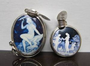 lot 23 image: 2 Beautiful Blue & White Sterling Silver Art Nouveau Pendants