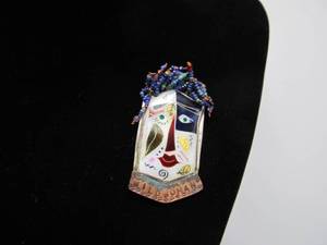 lot 32 image: Large Funky Sterling Silver Enameled WILD WOMAN Face Brooch - No Rules