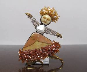 lot 36 image: Funky Signed Sterling Silver Brass & Jasper Funky Dancing Woman Brooch by Debra Dembrowski