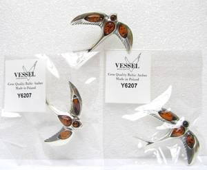 lot 59 image: 3 Brand New Swooping Sparrow Sterling Silver & Amber Brooch Pins by Vessel