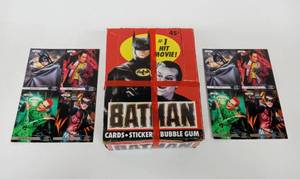 lot 57 image: Vintage Unopened Box of TOPPS Batman (1989) Series 1 Trading Cards with Pair of Batman Forever Uncut Trading Cards