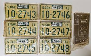 lot 53 image: Lot of Six Sequential Pairs of Unused 1971 South Dakota License Plates (2743 - 2748) with Single License Plate
