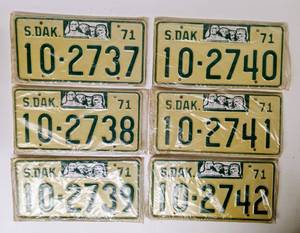 lot 52 image: Lot of Six Sequential Pairs of Unused 1971 South Dakota License Plates (2737 - 2742)