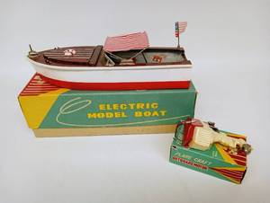 lot 114 image: Vintage FLARE CRAFT Power-Driven Model Boat with Outboard Motor