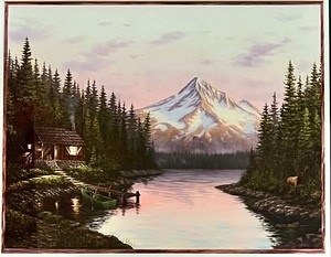 lot 224 image: Matted Framed Artwork Country Cabin & Mountains by MEL McROBERT