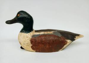 lot 190 image: Vintage Northern Shoveler Wood Duck Decoy - Glass Eyes - Signed RILEY