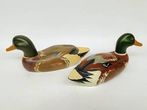 lot 211 image: Pair of Vintage Wooden Duck Decoys - Glass Eyes