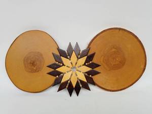 lot 282 image: Pair of Vintage Wooden Trivets with West German Geometrical Folk Art