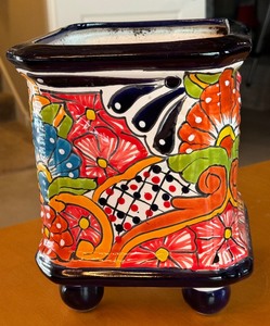 lot 49 image: Footed Square Painted Mexican Planter