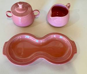 lot 7 image: Fiestaware Pink China Sugar and Creamer Tray Set - Vintage Fiesta Brand China Dinnerware