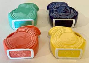 lot 11 image: Fiestaware 4 Creamer Pitchers - Aqua, Purple, Persimmon, Yellow - Vintage Fiesta Brand China Dinnerware