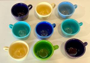 lot 17 image: Fiestaware Lot of 9 Fiesta Cups  Small Mugs - Various Colors - Vintage Fiesta Brand China Dinnerware