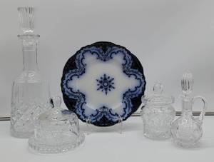 Flow Blue Cambridge England Plate and Cut Crystal Items