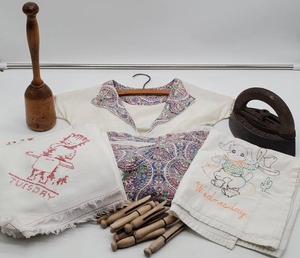 Vintage Clothes Pin Holder and Vintage Embroidered Dish Towels
