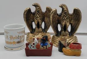 Brass Eagle Bookend Set and Lusterware Japan Ashtray Americana Vintage