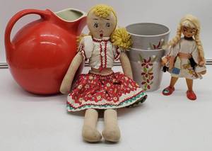 Halls Red Ball Pitcher and Vintage Dolls