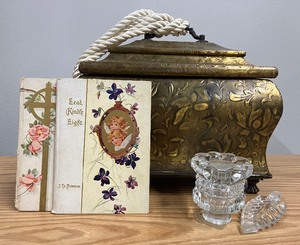 Brass Trinket Box 10 Tall with Tassel, Crystal Perfume Bottle with Stopper