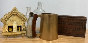 Vintage Weather Forecaster, Antique Wood Cod Fish Box Copper Cup Misc