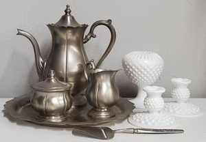 Milk Glass Hobnail Vase and Candlesticks and Pewter Tea Set
