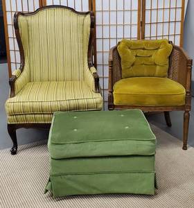 Two Vintage Chairs and Vintage Ottoman